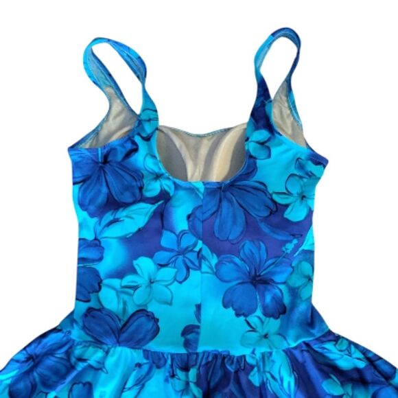 Vintage Turquoise Blue Floral One Piece Mod Swimdress Size 16 *Fits like Large - Picture 7 of 13